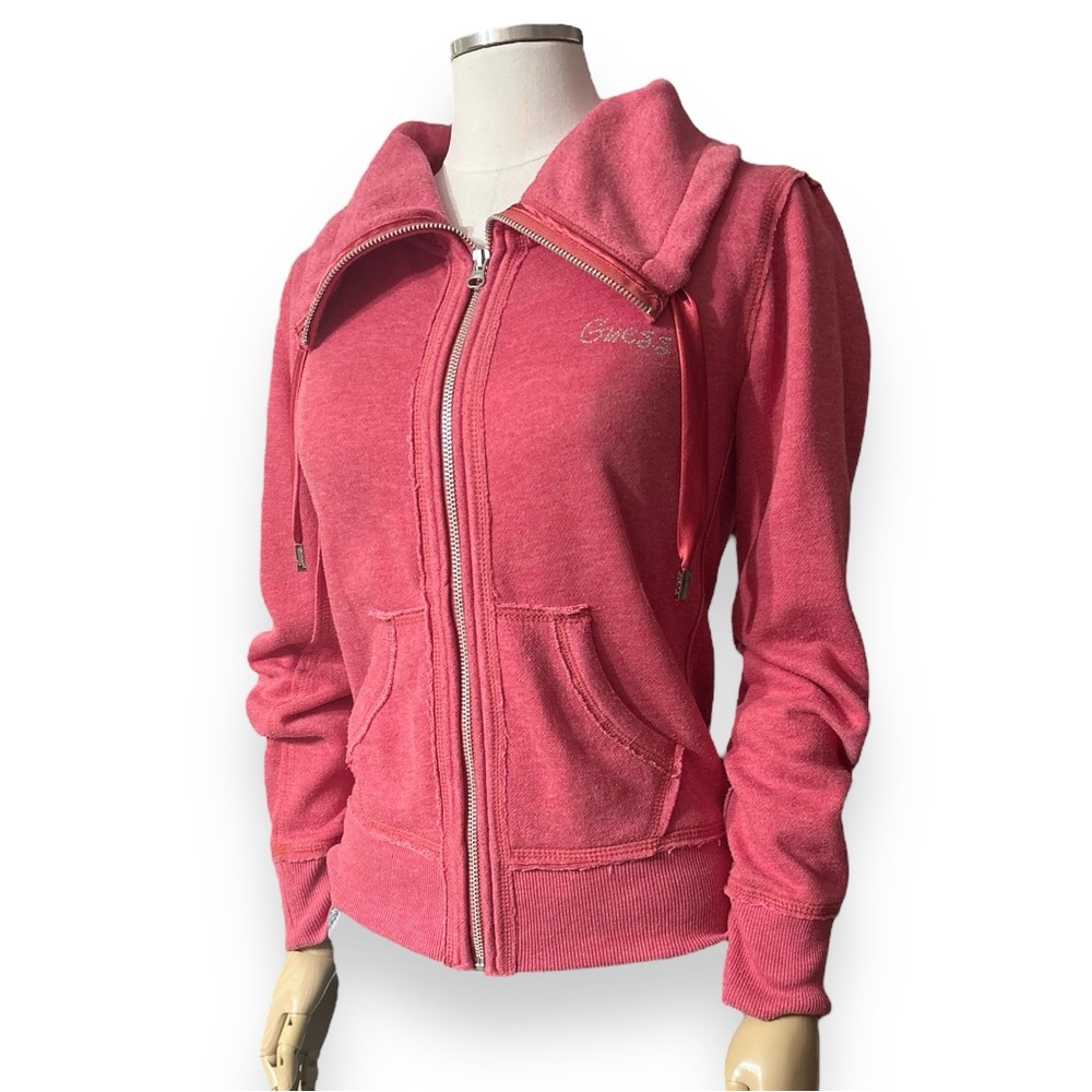 GUESS Pink Fitted Full Zip Front Sweatshirt Jacket Rhinestone Spell Out